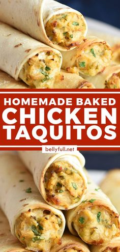 homemade baked chicken taquitass stacked on top of each other with text overlay