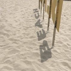 surfboards are lined up in the sand at the beach with their shadows on them