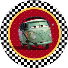 a green vw bus with black and white checkered background