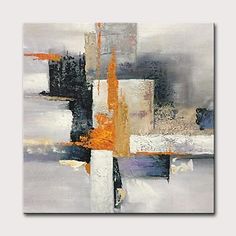 an abstract painting with white, orange and black colors