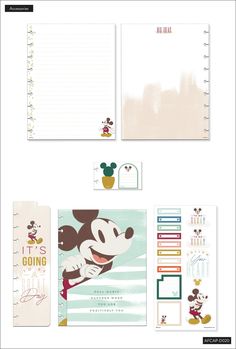 Disney's Mickey Mouse is spreading creativity and originality with some summertime flair. This Classic accessory pack will take you on a relaxing getaway with these colorful prints and uplifting messages. It includes filler paper, sticky note pads, a bookmark, storage folder, and stickers. Decorated with muted pastels and accent colors. These accessories were made for Classic size Happy Planners, notebooks, and journals. The Happy Planner disc bound systems allows you to customize easily by inse Muted Pastels, Craft Planner, Note Pads, Accessories Packing, The Happy Planner, Sticky Note, Disney Crafts, Planner Accessories, Paper Craft Projects