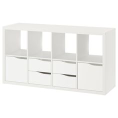 a white shelf with four drawers and three bins