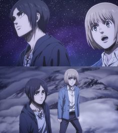 two anime characters standing in front of a mountain with stars above them and the sky filled with clouds