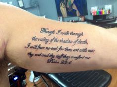 Psalm 23 4 Tattoo, Psalm 23 Tattoo, Psalm Tattoo, 23 Tattoo, Bicep Tattoo Men, Biblical Tattoos, Bible Tattoos