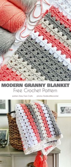 crocheted granny granny blanket with red and white yarn on it, next to a basket