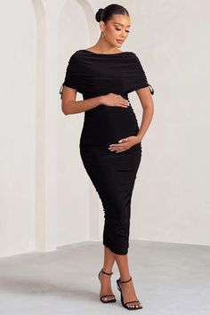 Roxanne Black Ruched Bardot Maternity Midi Dress – Club L London - USA Black Dresses For Graduation, Dress For Graduation University, Black Dress For Graduation, Black Maternity Dress, Cocktail Dress Maternity, Fitted Maternity Dress, Maternity Black Dress, Graduation Picture, Club L London