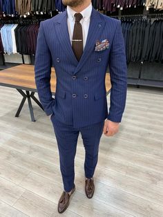 Zapali Navy Blue Double Breasted Slim Fit  Suit-baagr.myshopify.com-1-BOJONI Double Breasted Pinstripe Suit, Double Breasted Suit Men, Slim Fit Pants Men, Formal Men Outfit, Suit Ideas, Pants Gift, Professional Dress, Suit Pattern, Designer Suits For Men