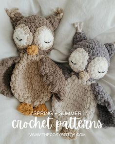 two crocheted stuffed animals laying on top of a white bed with text overlay reading spring and summer crochet patterns