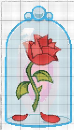 a cross stitch pattern with a red rose in a glass jar