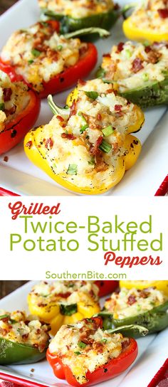 grilled twice - baked potato stuffed peppers on a white platter with text overlay