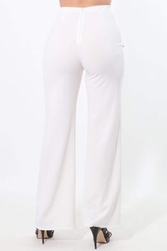 High waist pants with golden buttons on the front. Zipper on the back. Content: 96% Polyester 4%spandex Made in USA Elegant High-waisted Sweatpants, White Straight Elastane Pants, High-waisted Elastane Pants For Loungewear, Wide Leg Loungewear Pants With Button Closure, Solid Color Straight Leg Pants With Button Zip Fly, Solid Straight Leg Pants With Button Zip Fly, Straight Leg Pants With Button Zip Fly, White High-waisted Elastane Bottoms, White High-waisted Elastane Pants