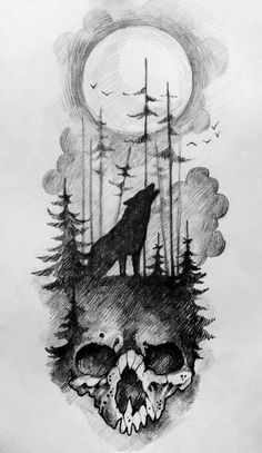 a drawing of a wolf in the woods