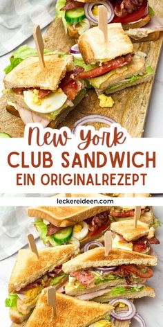 the new york club sandwich has been cut in half and served on a cutting board