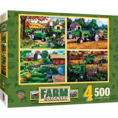 a puzzle box with four pictures of farm vehicles and farm scenes on it's sides