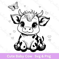 a baby cow sitting next to a butterfly