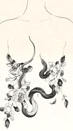 a drawing of a woman's torso with flowers and snakes on the side, in black and white