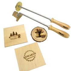 wood carving tools and wooden coasters are on the white background with words edward's