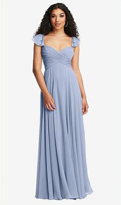 Shirred Cross Bodice Lace Up Open-back Maxi Bridesmaid Dress With Flutter Sleeves In Sky Blue | The Dessy Group Purple Chiffon Dress, Conservative Dresses, Dress With Flutter Sleeves, Open Back Maxi Dress, Peony Pink, Social Dresses, Floor Length Prom Dresses, Dusty Rose Dress, Full Skirt Dress