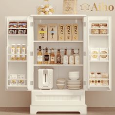 a white cabinet filled with lots of bottles and food on top of it's shelves