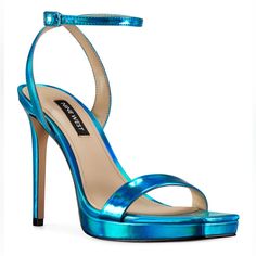 Nine West Women's Zadie Ankle Strap Dress Sandals Size 8/5 New With Box Chic Blue Sandals For Night Out, Blue Sandals With Wrapped Heel For Night Out, Trendy Blue Evening Sandals, Formal Blue Platform Sandals, Blue Evening Sandals For Summer, Shop Shoes, Shoes Dress, Open Toe Sandals, Nine West Shoes