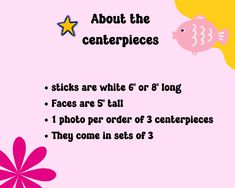 a pink background with words about the centerpieces and two fish on each side