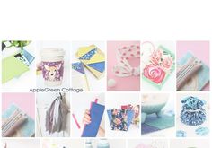 the collage shows many different items and colors in this photo, including napkins