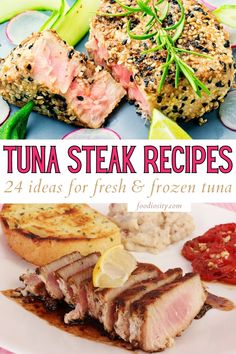 tuna steak recipe on a plate with vegetables and sauce