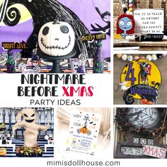 there are many halloween decorations on display in this collage with the words nightmares before xmas party ideas