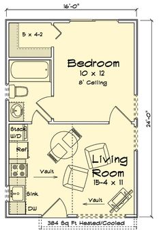 the floor plan for a bedroom and living room in a small house with an attached loft