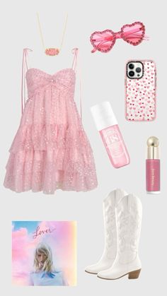 a pink dress, white boots and accessories