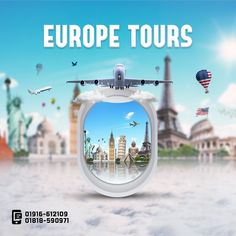 an airplane flying through the sky with buildings in the background and words europe tours above it