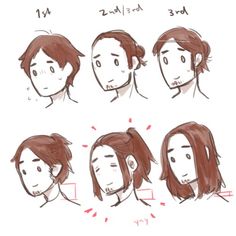 the stages of drawing hair for men and women with different facial expressions, including one man's head