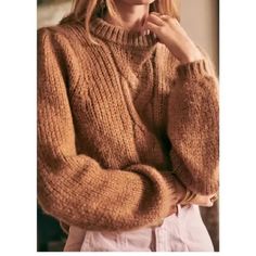 Sezane Serena Cable Knit Mohair Blend Sweater. Tan/Brown Color. Rounded High Neck With Slight Puff Sleeve Shoulders. Cable Knit Detail On Front. Mohair Blend, Has A Fuzzy Texture. In Great Condition. Size Xs. Design Balloon, Brown Shade, Brown Shades, Feminine Design, Medium Brown, Balloon Sleeves, Collar And Cuff, Front Design, Tan Brown