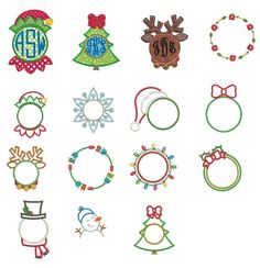 twelve christmas wreaths and monogrammed ornaments are shown in different styles, including one with