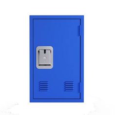 a blue locker with a door open on a white background and an electrical outlet in the wall