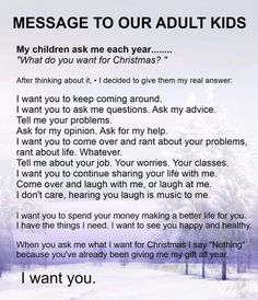 a letter written to someone about their child's christmas wish list, with the words message to our adult kids what do you want for christmas?