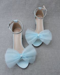 Prom Sandals With Bow And Block Heel, Block Heel Sandals With Bow For Prom, Spring Formal Tulle Heels, Summer Wedding Tulle Heels, Spring Wedding Heels With Tulle Material, Ankle Strap Tulle Heels For Parties, Tulle Ankle Strap Heels For Party, Spring Party Heels With Tulle Material, Spring Party Tulle Heels