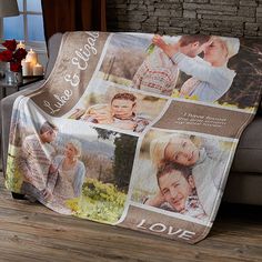 a couch with a blanket that has photos on it and the words love written in white