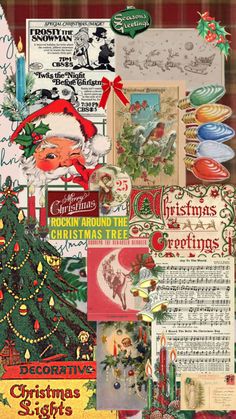 a collage of christmas cards with santa claus and other holiday related items on them