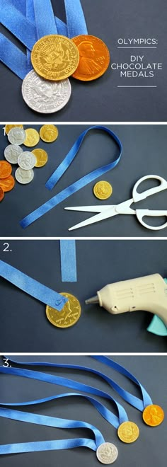 the instructions to make a ribbon with scissors and coins on it are shown in three different ways