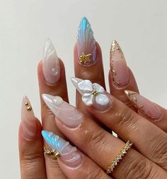 Gel X Nail Ideas Simple, Waterdrop Nails, Summer Gel X Nails, Aesthetic Nail Art, Summer Nail Inspiration, Orchid Nails, Seashell Nails, Medium Almond, Easy Nails