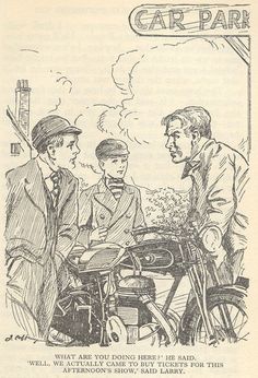 an old book page with a drawing of two men talking to a boy on a motorcycle