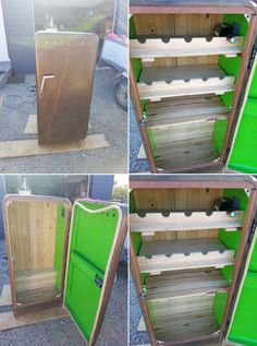 four different pictures of an old refrigerator with green paint on the doors and bottom panels