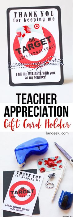 a teacher appreciation gift card holder with scissors and other items to make it look like they are