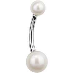 a pair of white pearls hanging from the end of a navel piercing ring in sterling steel