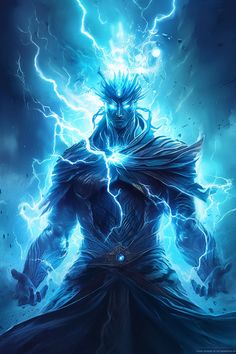 an image of a man with lightning coming out of his head and holding two hands