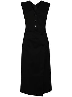 black stretch-design V-neck lightly padded shoulder vest-like front front button fastening two rear welt pockets straight line full lining Tailored Sleeveless Business Dress, Black Workwear Dress With Side Buttons, Black Dress With Side Buttons For Work, Black Dresses With Side Buttons For Work, Tailored Sleeveless Blazer Dress For Work, Sleeveless Buttoned Midi Office Dress, Sleeveless Midi Dress For Business, Black Buttoned Midi Dress For Semi-formal Occasions, Semi-formal Black Midi Dress With Buttons