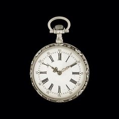 an old silver pocket watch with roman numerals on the face and hands, set against a black background