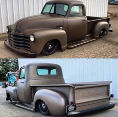 two pictures of an old pickup truck, one in brown and the other in silver