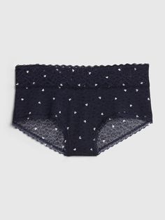 Sheer lace, minimally lined.  Elasticized lace with scalloped detail trim at waistband at leg openings.  Allover lace.  Low rise.  Full back coverage.  Low-cut leg. Body Lace, White Hearts, White Heart, Sheer Lace, Low Rise, Gap, Navy Blue, Trim, Navy